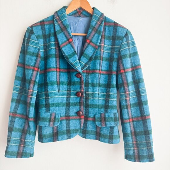 Vintage 90s Sisley Blue Plaid Cropped Leather Button Wool Blend Blazer S - Picture 2 of 8